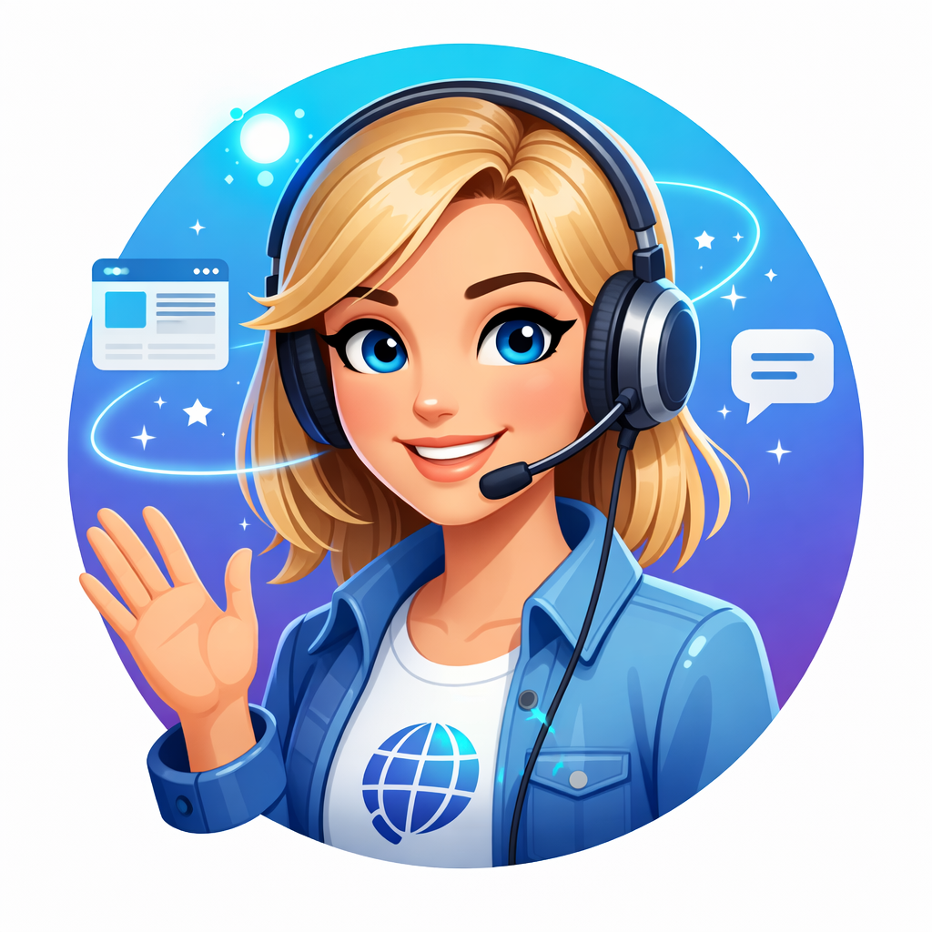 Digital illustration of a smiling woman with blonde hair wearing a headset with microphone, waving, with digital chat icons and a globe logo on her shirt, set against a blue and purple cosmic background.