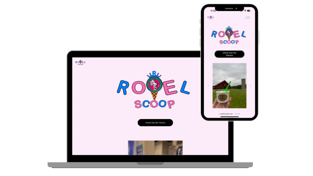 A laptop and smartphone displaying the Roel Scoop ice cream website. The website logo features colorful letters and an ice cream cone, with a button that says "Check Out Our Flavors." The phone shows the same logo and an image of a hand holding a cup of green ice cream with a green spoon, outdoors on a sunny day.
