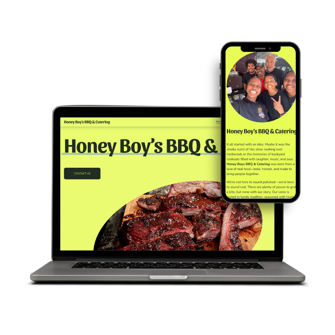Laptop and smartphone displaying a website for Honey Boy's BBQ & Catering, featuring a large photo of barbecued meat and a group selfie of smiling people.