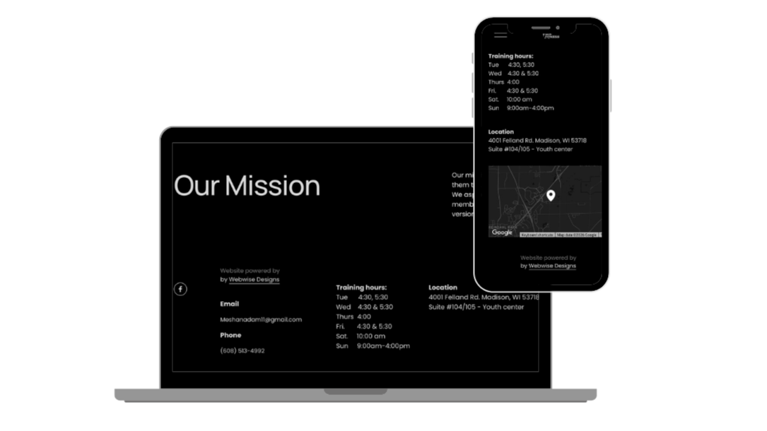 A laptop and a smartphone displaying a website with mission statement, training hours, contact information, and a location map for an organization.