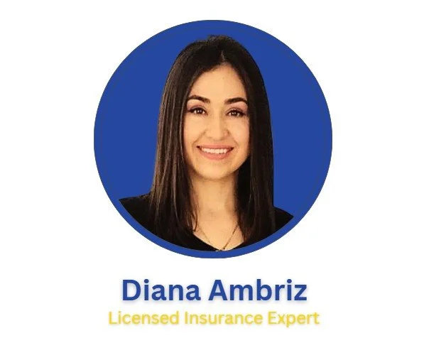 Professional headshot of a woman with long dark hair and a black top, smiling against a blue circular background, with text indicating her name as Diana Ambriz and her title as Licensed Insurance Expert with the L&T Agency Group Inc.
