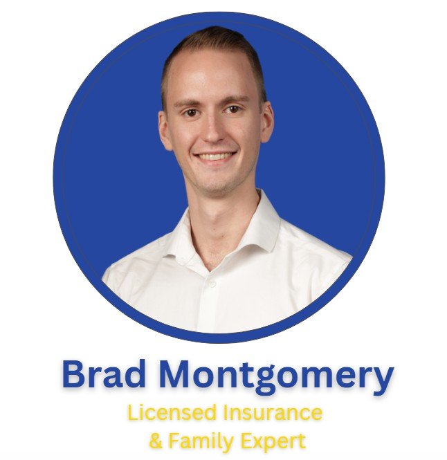 Professional headshot of a man with glasses, brown hair, and a beard, wearing a dark suit and tie, set against a blue background with his name, Brad Montgomery, and the title Licensed Sales Expert with the L&T Agency Group Inc.