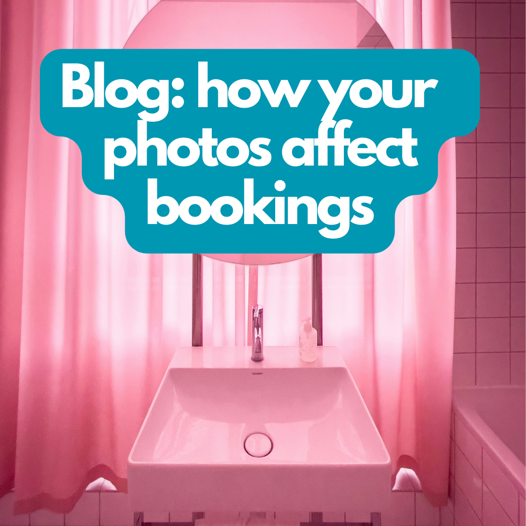 A pink bathroom with a mirror, sink, and pink curtains. Overlaid text reads: 'Blog: how your photos affect bookings'.