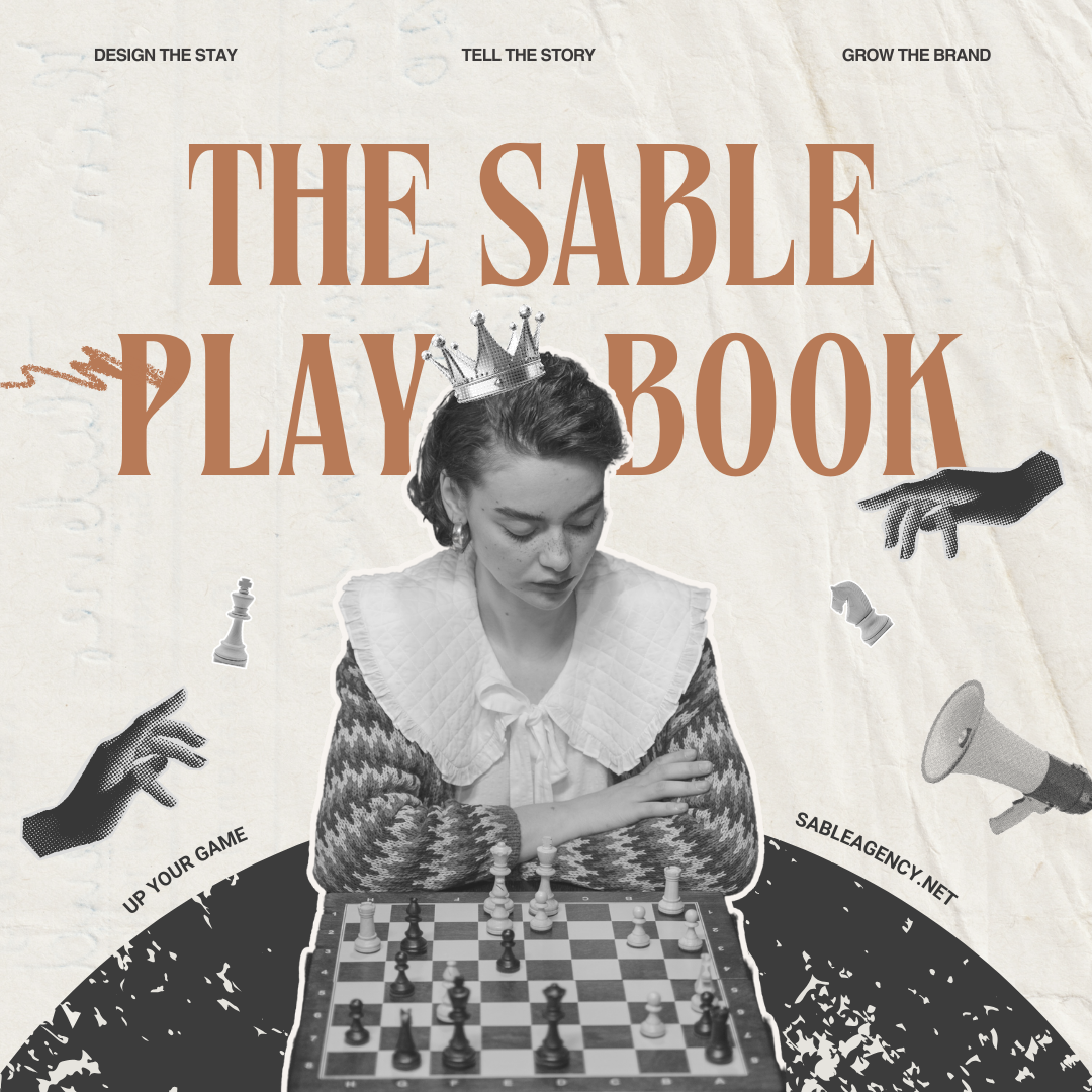 A vintage-inspired design featuring a young woman with a crown, playing chess on a board, with bold text stating 'The Sable Playbook' and a collage of cutout hands, a chess piece, a megaphone, and torn paper elements. The background has a textured, crumpled-paper look.