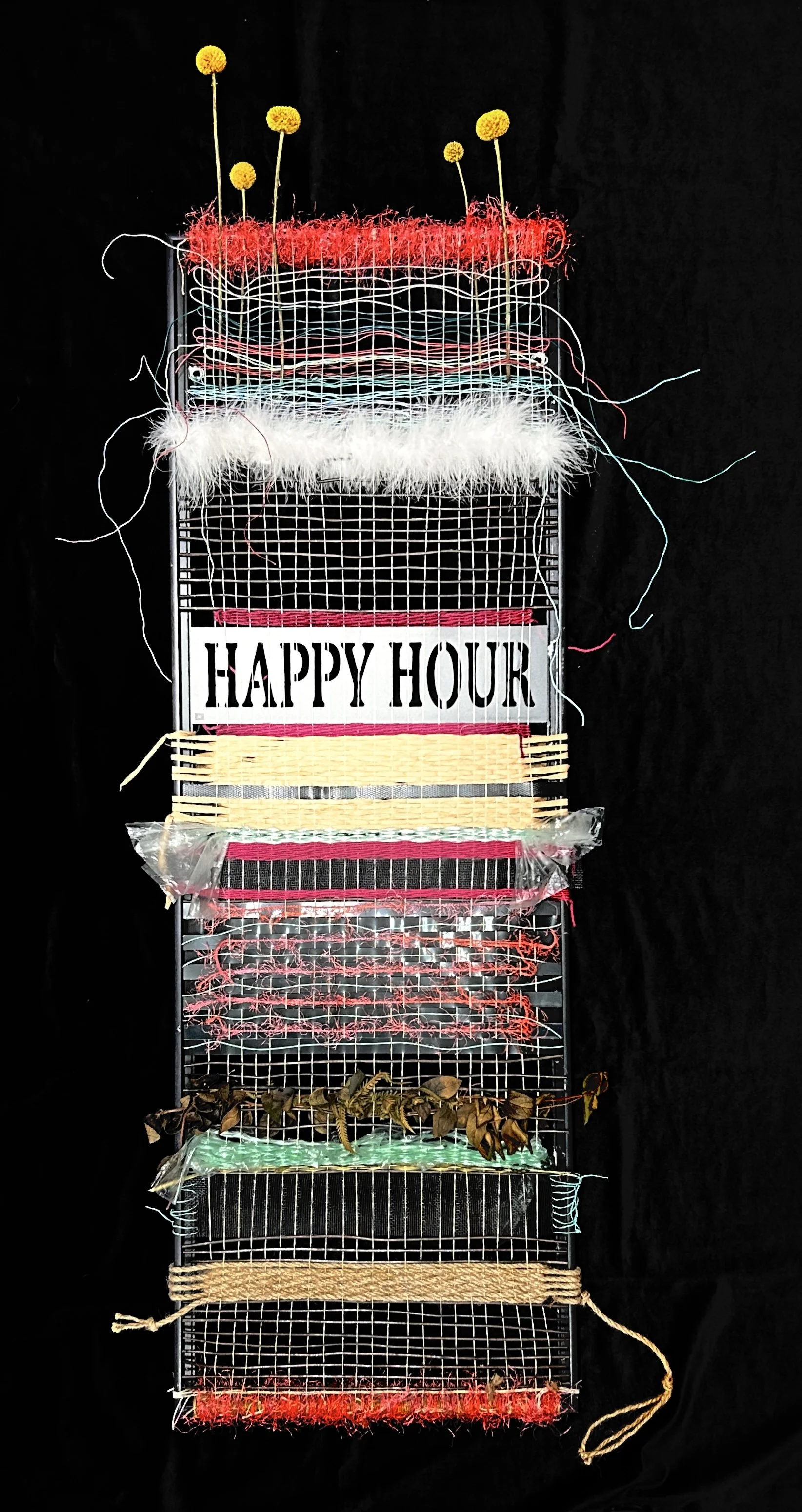 'Conditions Apply (Happy Hour)', mixed media weaving, 12x36", 2025