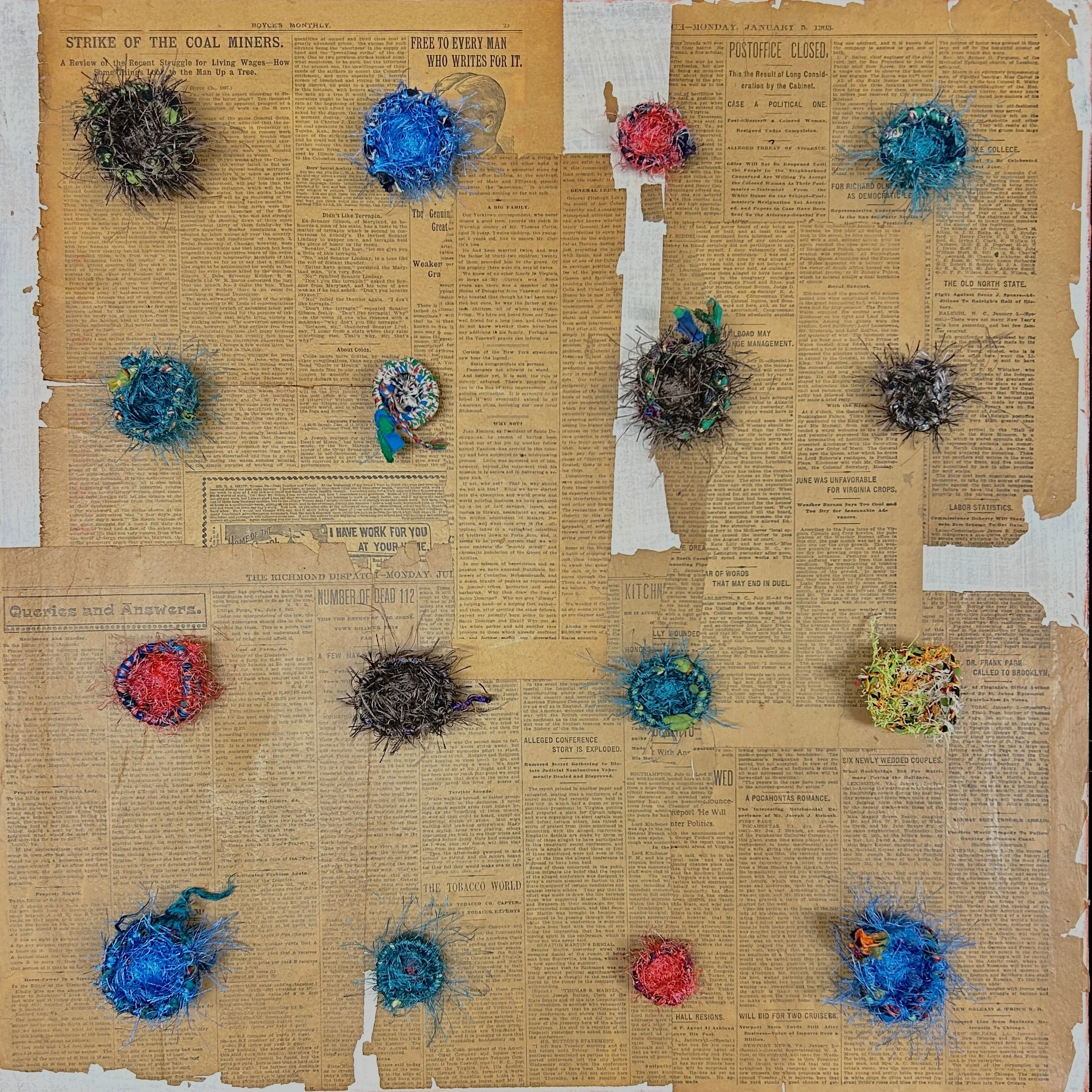 'Field of Small Mercies', fiber baskets on collage, 24x24", 2025