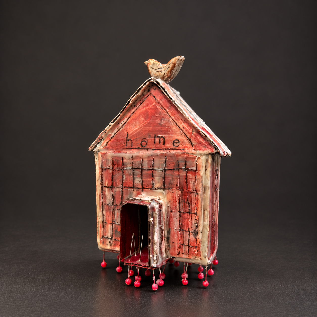 'We Walked on Pins and Needles', assemblage with board, beeswax, pigment, straight pins on hypertufa base, 2026