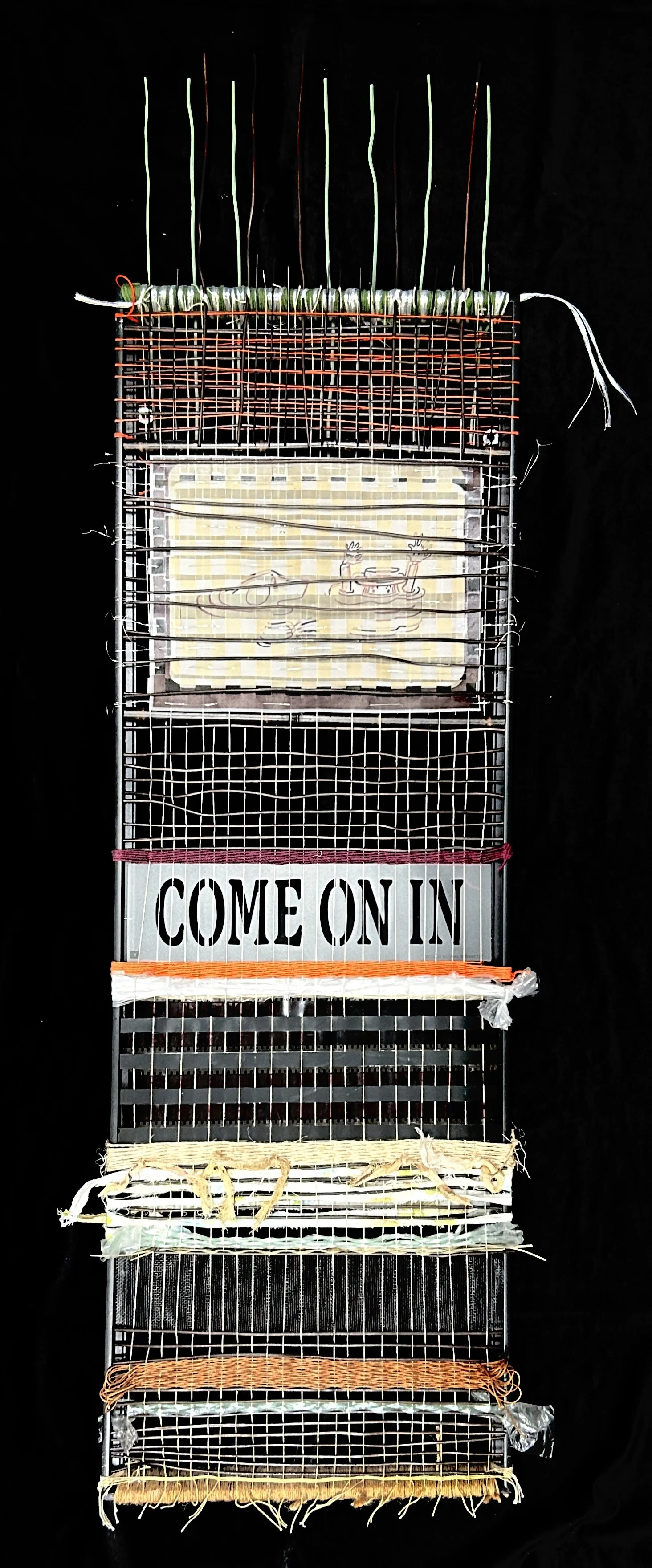 'Good Intentions (Come on In)', mixed media weaving, 12x36", 2025