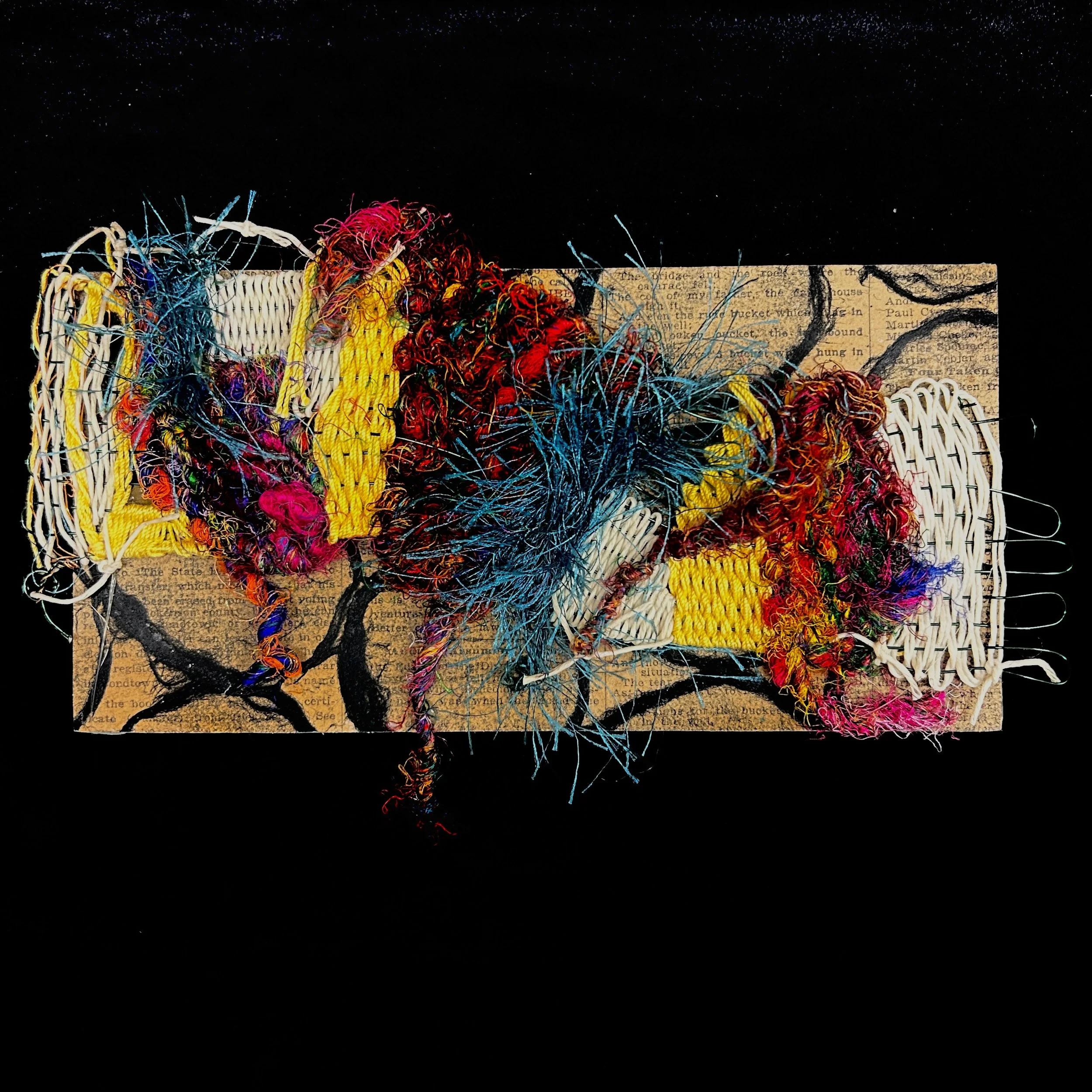 'The Edge of Memory', intuitive weaving with vintage text, 4x8", 2025