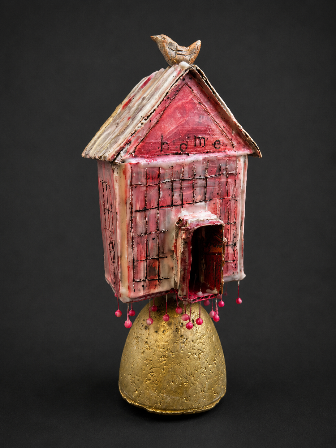 'We Walked on Pins and Needles', assemblage with board, beeswax, pigment, straight pins on hypertufa base, 2026