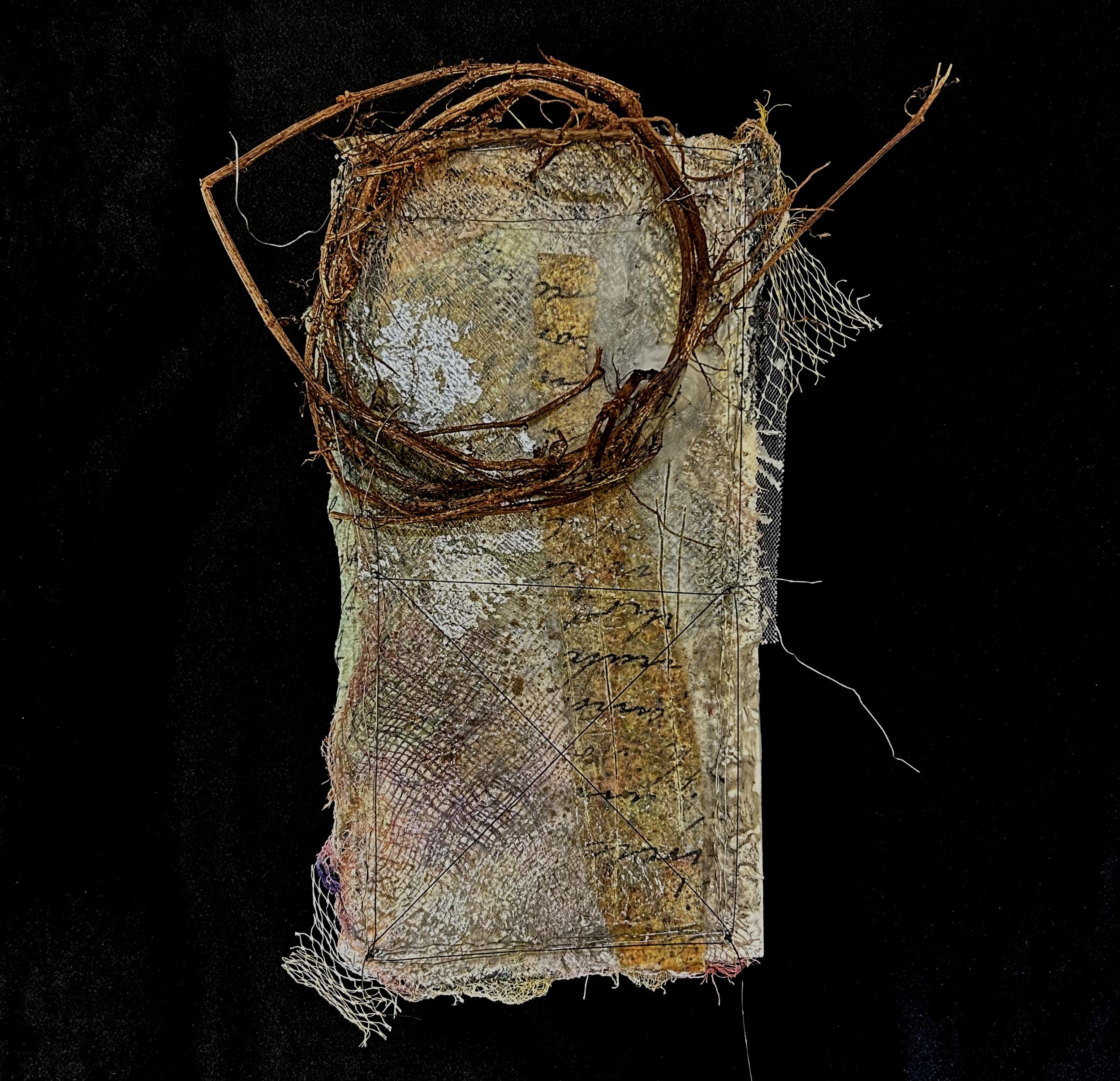 'A Lost Letter', assemblage with cheesecloth, pigment, beeswax, twig, and wire, 6x12"
