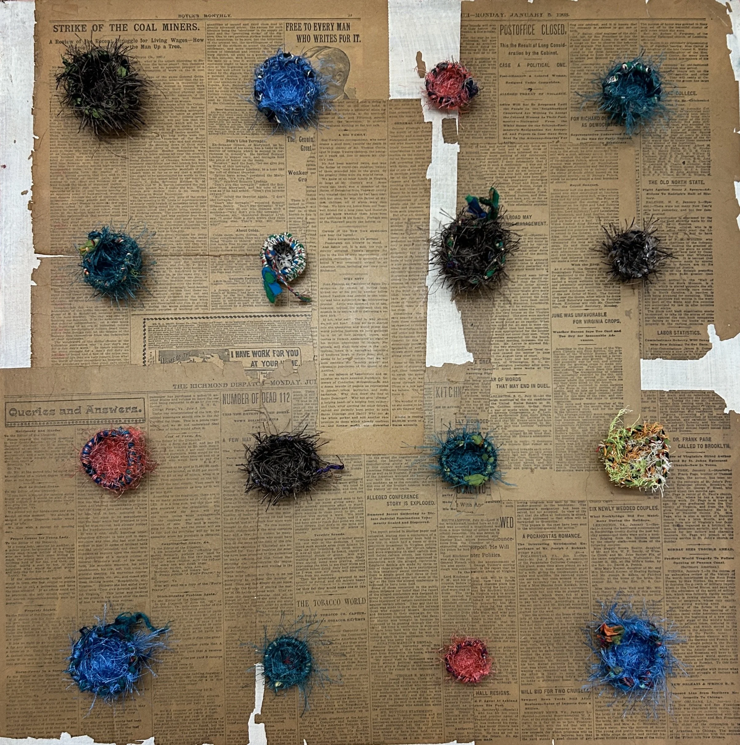 'Field of Small Mercies', collage with fiber, 24x24", 2026 (sold)