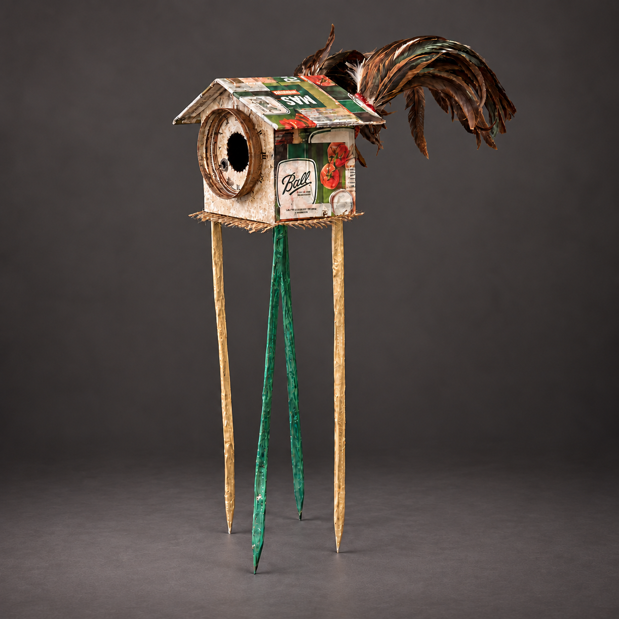 'I Built a Little Bird House for My Soul', packaging, clockface, beeswax, feathers and knitting needles, 2026