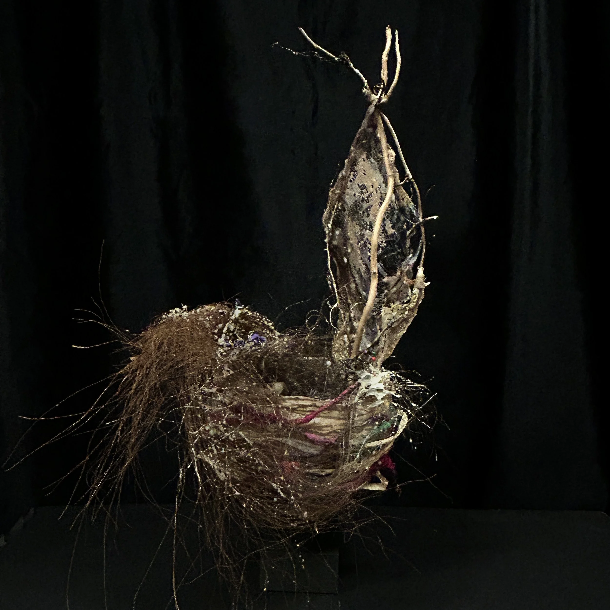 'Dreamboat with Purple Flowers', mixed media with encaustic, 2025