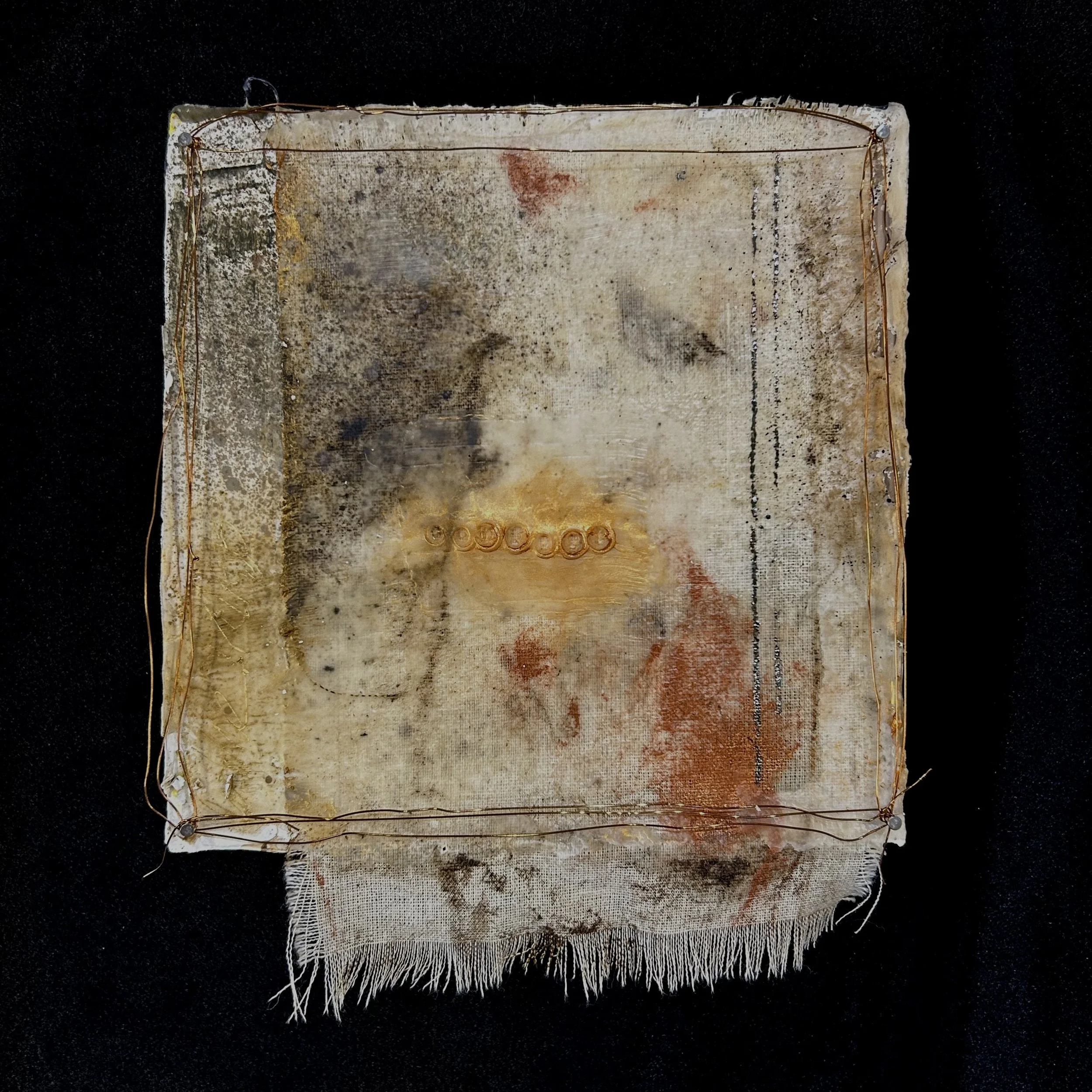 'Comfort', assemblage with fabric, beeswax, wire and joint compound, 6x6", 2026