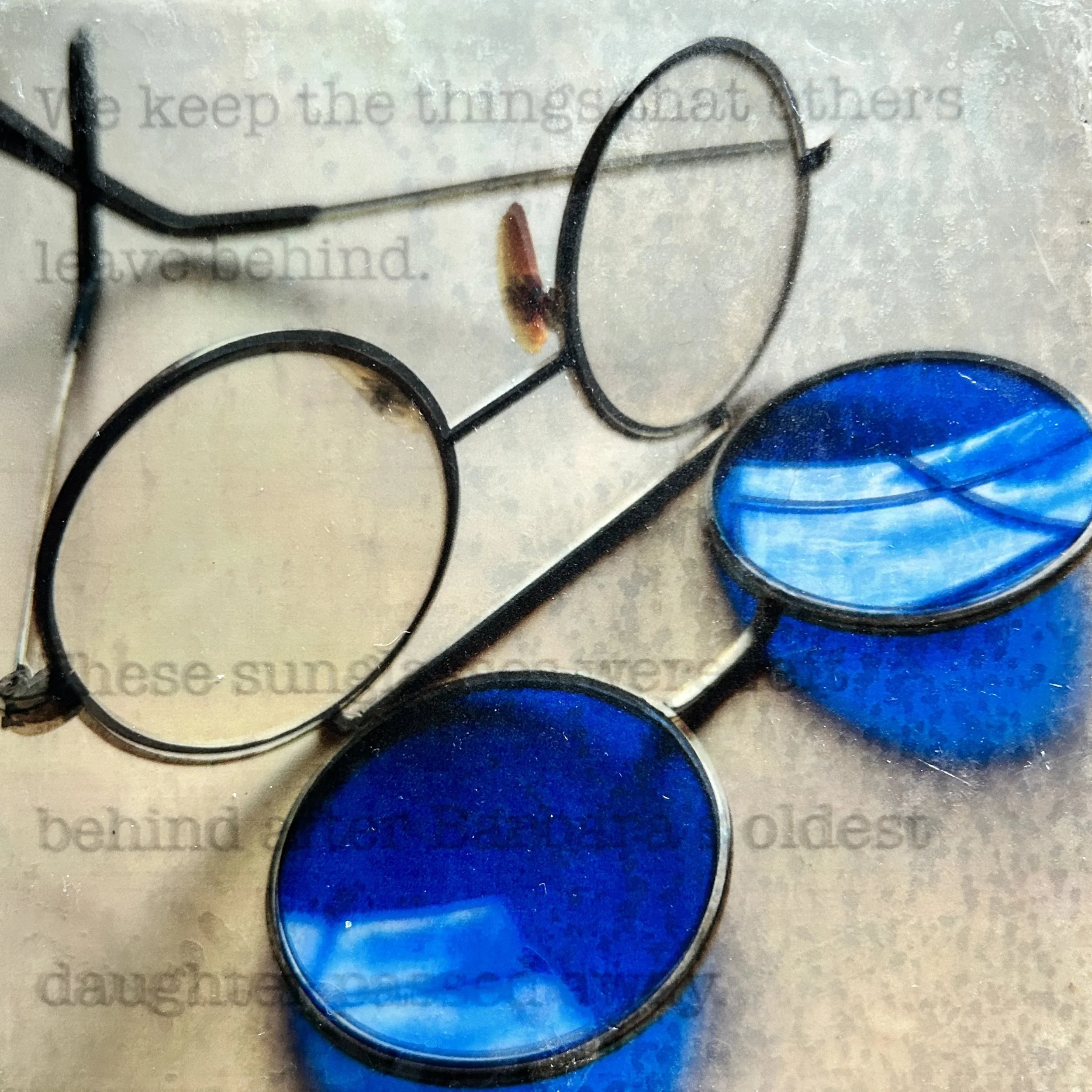 'Margaret's Sunglasses', photo encaustic, 6x6", 2024 (sold)