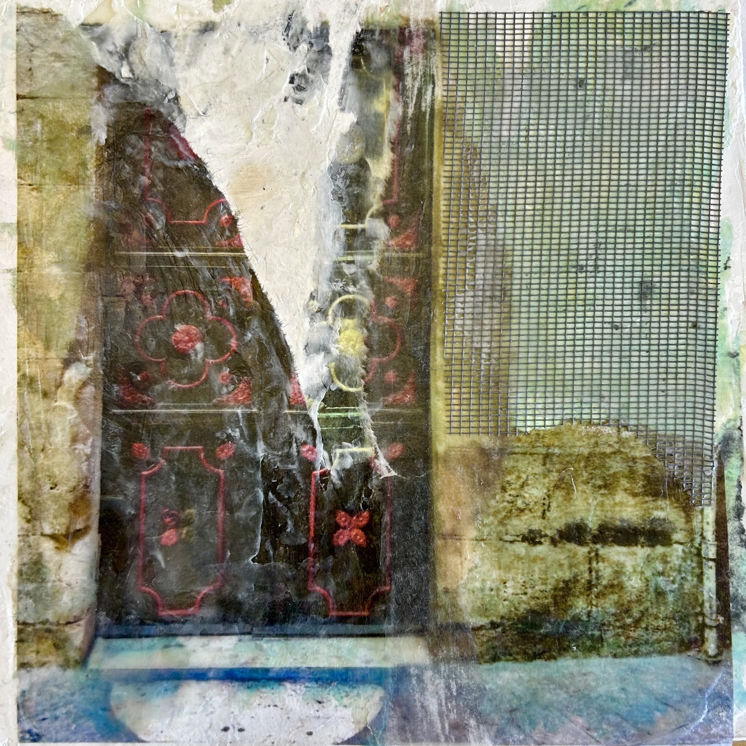 'Jerusalem Door', photo encaustic with pigmented wax and window screen, 8x8", 2023