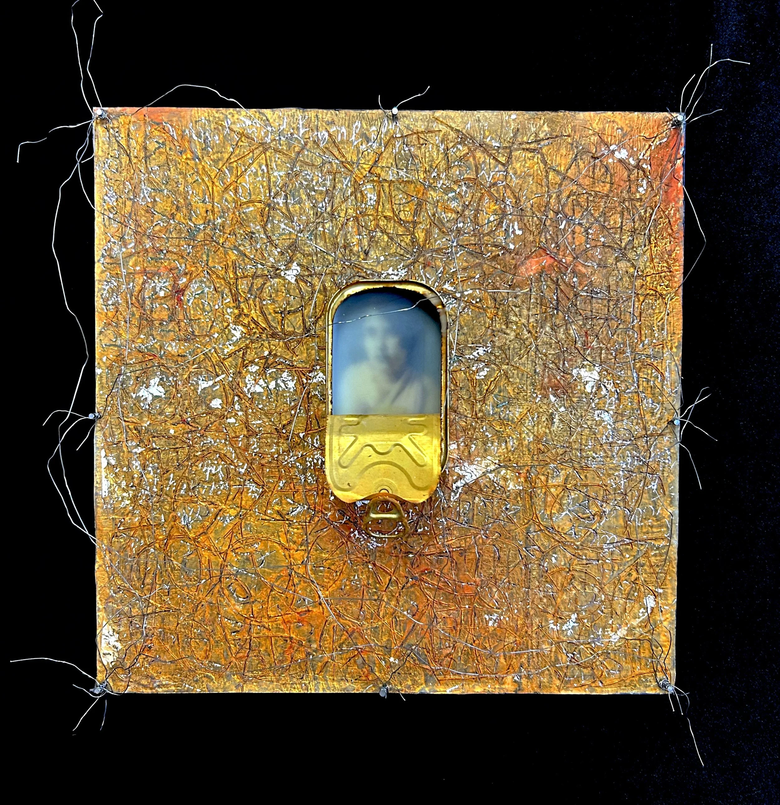 'Emergence', assemblage with beeswax and found photo, 12x12", 2026