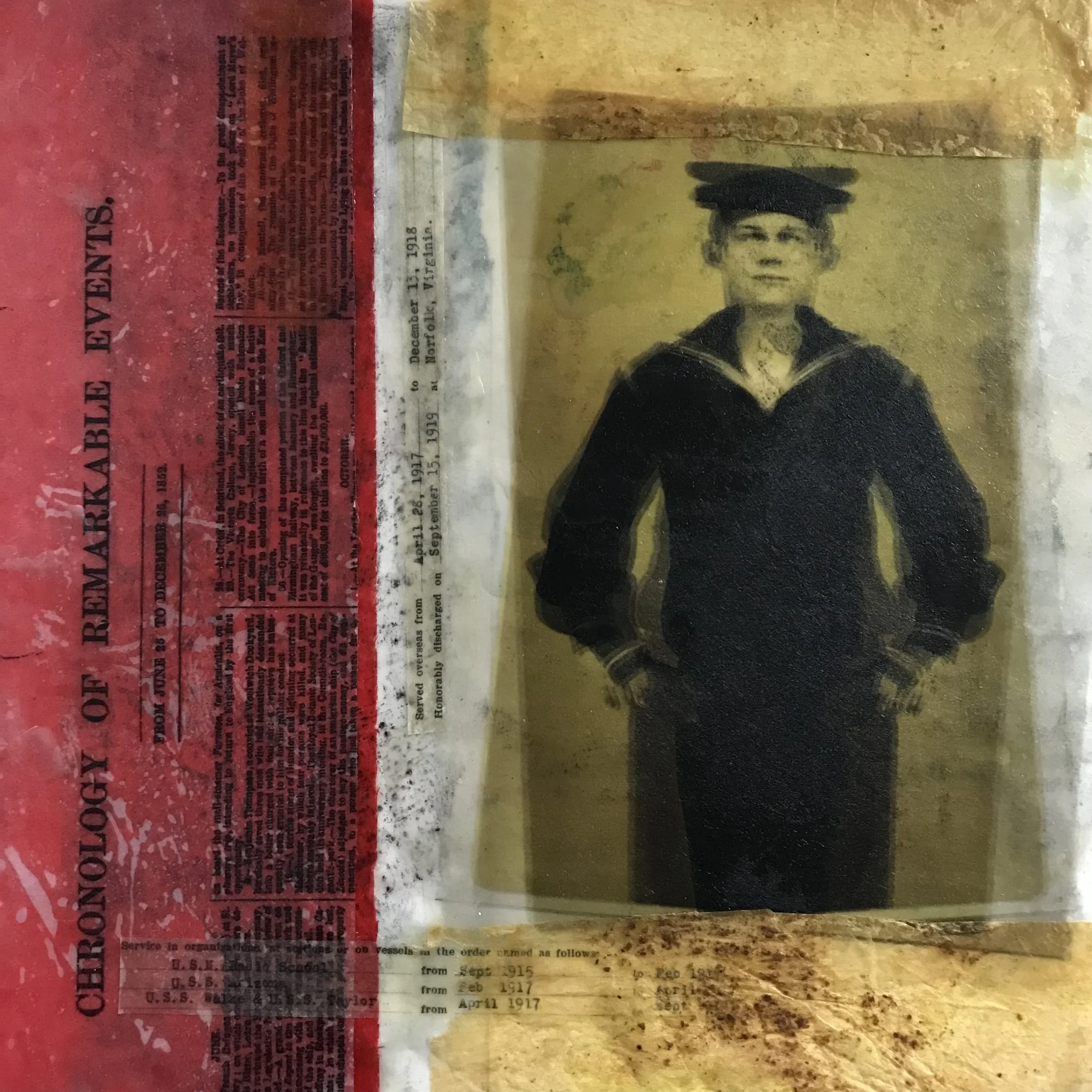 'Chronology of Remarkable Events', photo encaustic collage, 8x8", 2023