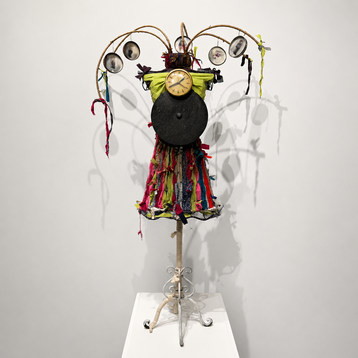 'Self-Portrait (for the child I did not have)', assemblage on metal dress form, beeswax, photos, fabric and rope, 2026