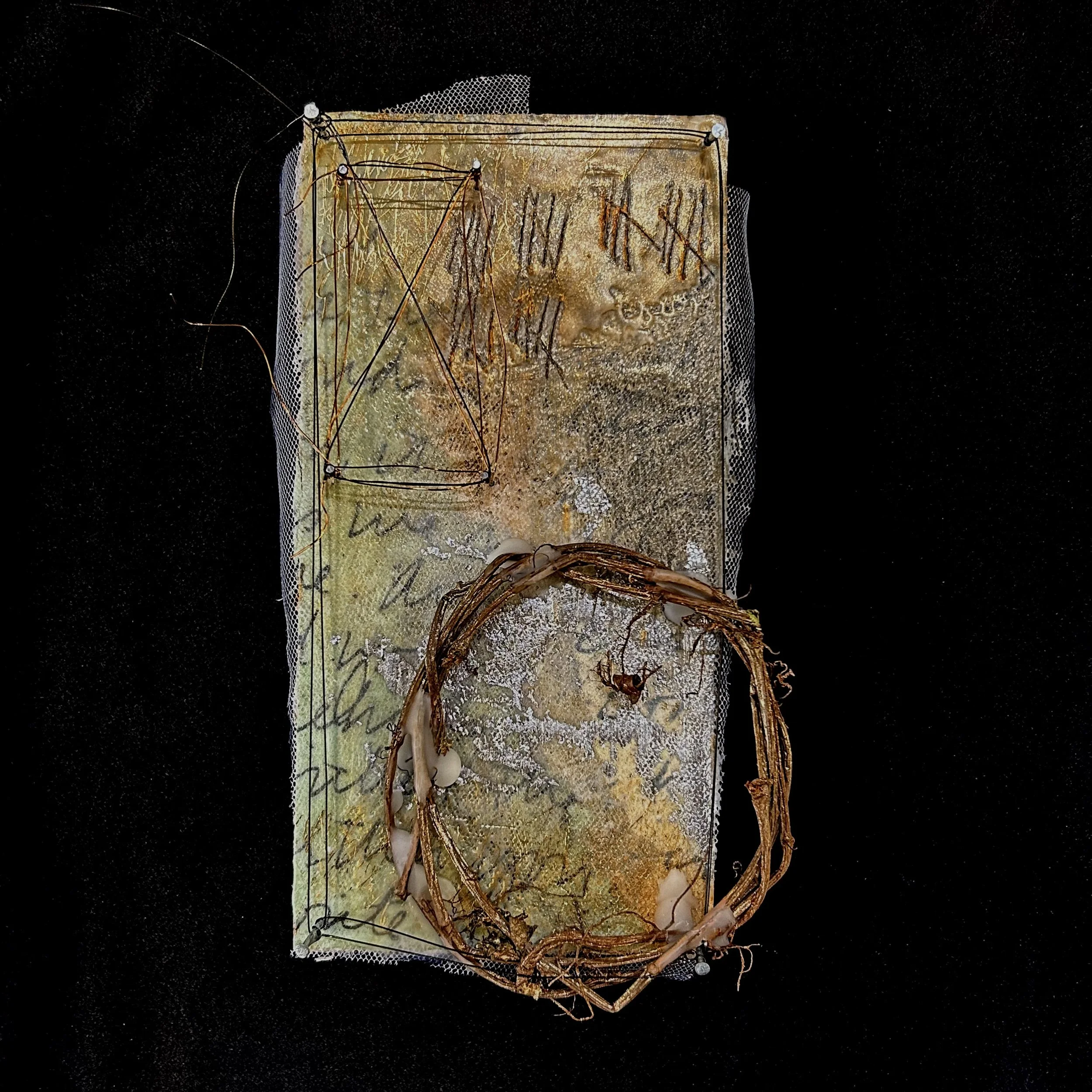'The Hourglass', assemblage with beeswax, wire, and twig, 6x12", 2026
