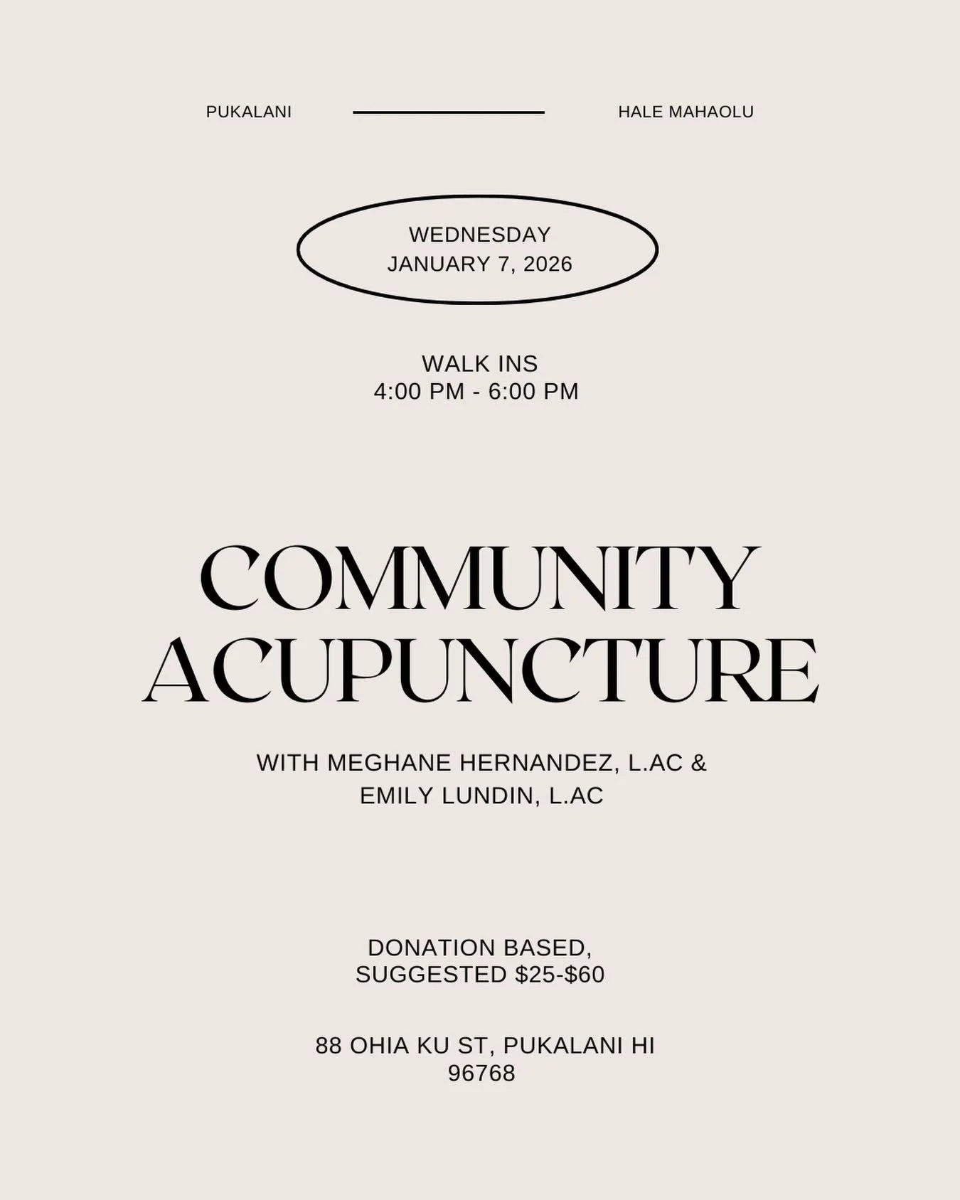 Every first Wednesday of the month 🌙

My good friend and fellow acupuncturist Meg and I offer community acupuncture in Pukalani &mdash; walk-in and donation-based.

Rooted in our belief that healing should be accessible, inclusive, and shared! Bring