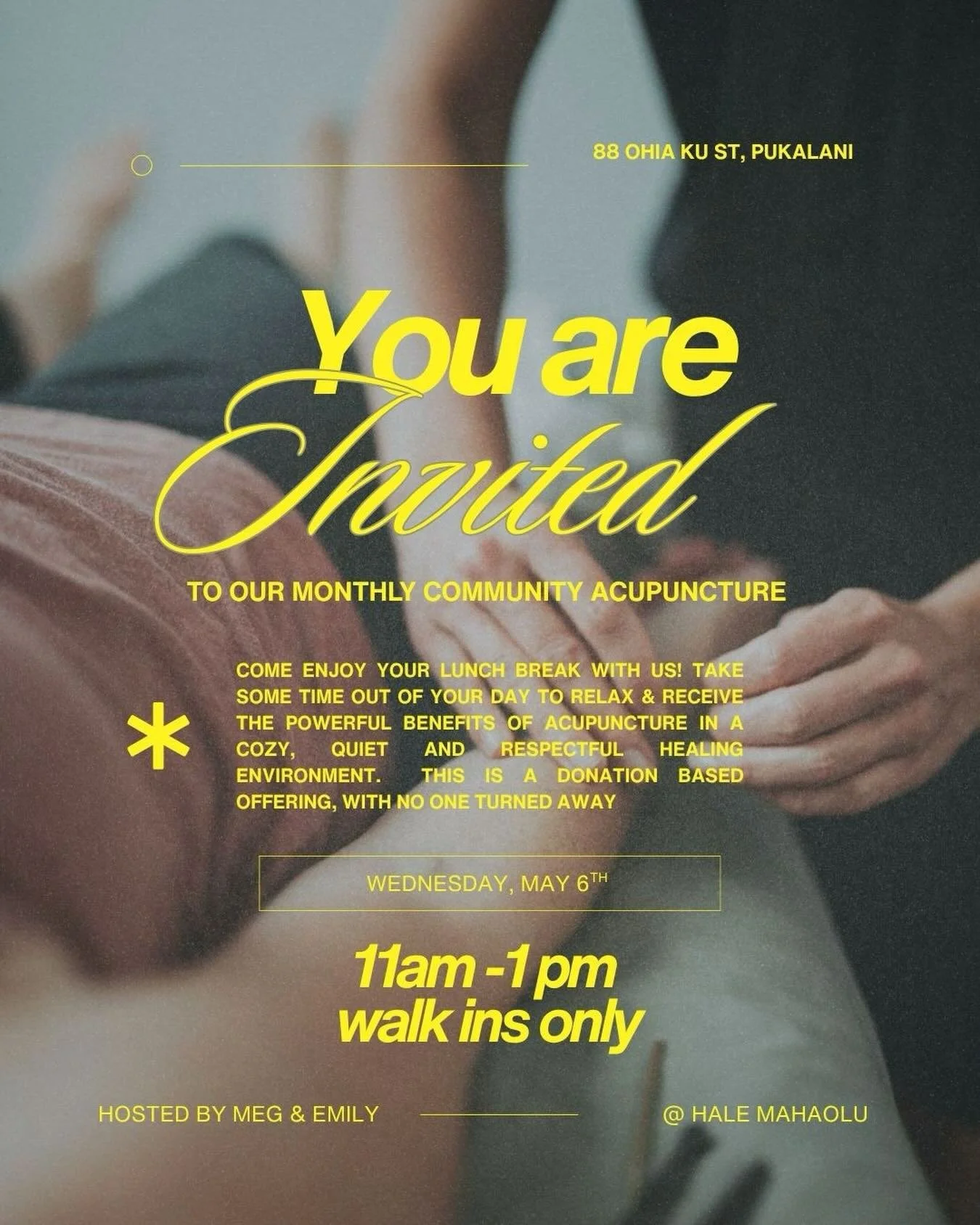 Your lunch break just got a whole lot better ✨ 

Join us for our monthly community acupuncture 
Wednesday, May 6th from 11am&ndash;1pm 
at Hale Mahaolu. 
Walk-ins only, donation based &mdash; because this is medicine for everyone! 
Can&rsquo;t wait t