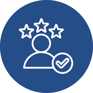 An icon of a person with three stars above the head and a checkmark inside a circle next to the person's shoulder