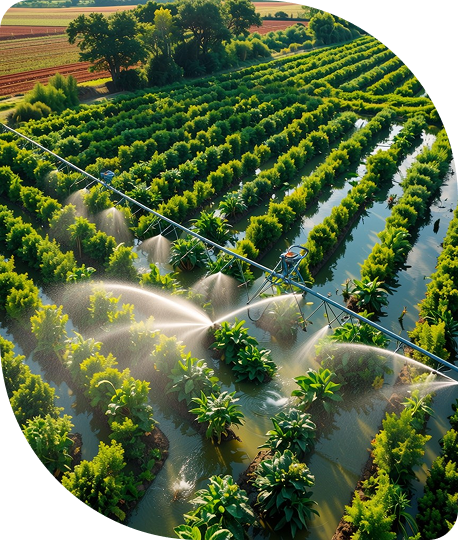 An aerial view of a farm field with rows of green crops being watered with overhead sprinklers.