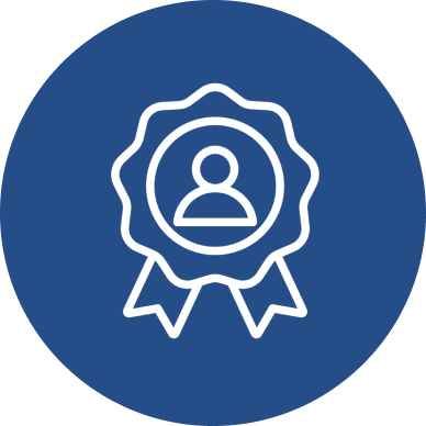 An icon of a badge with a person symbol in the center, surrounded by a ribbon.