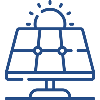 Outline illustration of a solar panel with the sun shining above.