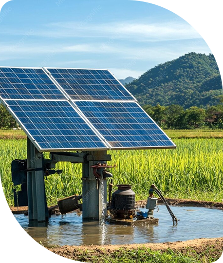 Solar panels installed over a water pump in a rural field with green hills in the background.