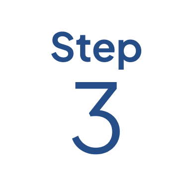 A circular graphic with a white background and a black border, displaying the text 'Step 3' in blue.