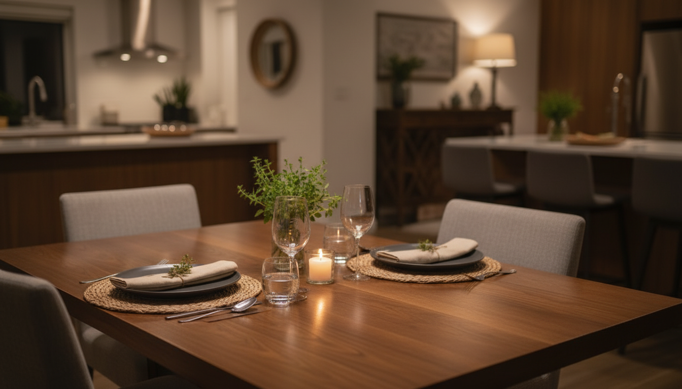 A cozy dining room with a wooden table set for two, featuring placemats, napkins, glasses, cutlery, a small candle, and a green plant centerpiece, with a kitchen and living area in the background.