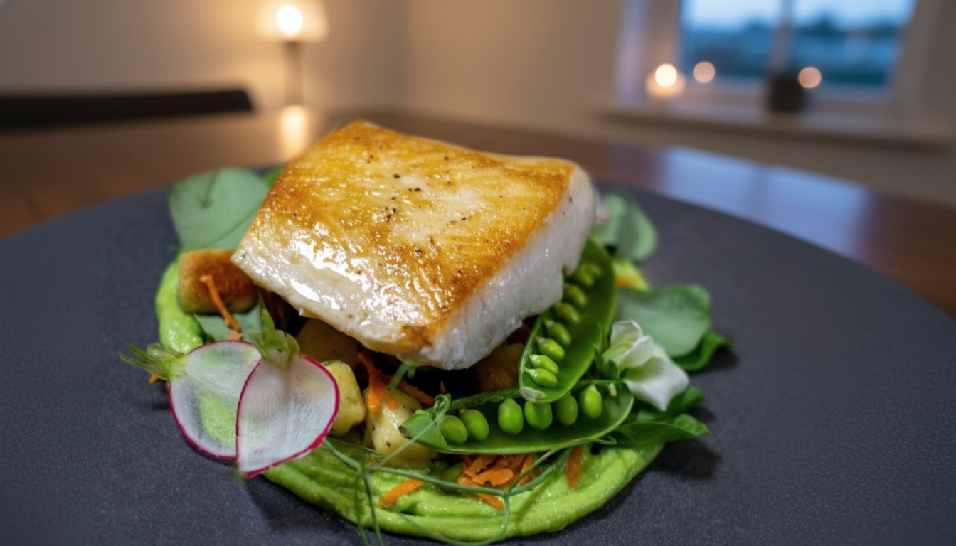 A seared piece of fish served on a bed of mashed green vegetables, garnished with fresh radish slices, snap peas, and assorted greens, with a soft-focus background of a dining area and a window.