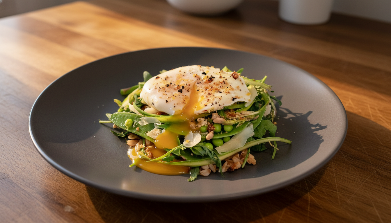 Salad with greens, vegetables, sliced almonds, a poached egg with runny yolk, and black pepper on a black plate.