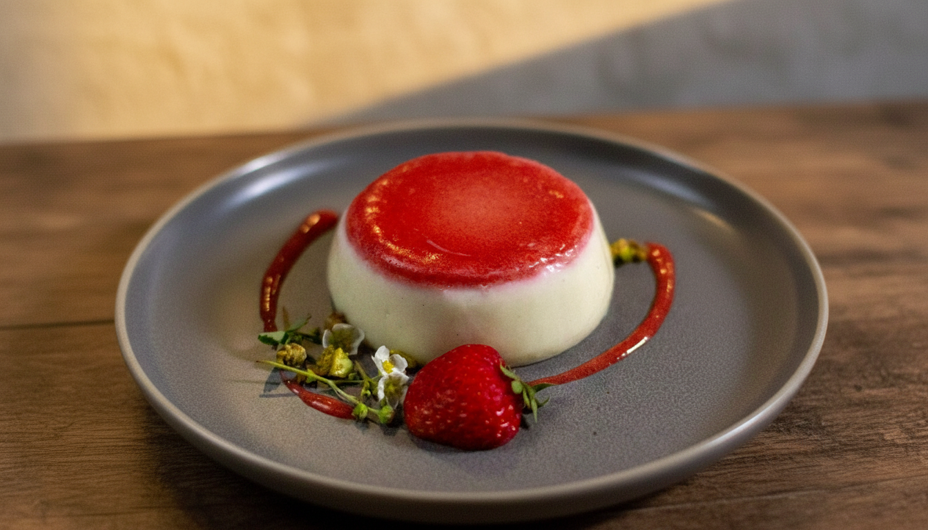 A dessert with a creamy white base topped with a red glaze, accompanied by a strawberry, a drizzle of red sauce, and small decorative flowers on a gray plate.