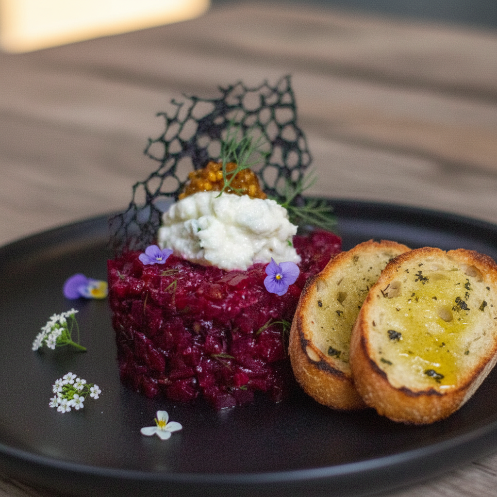 Beet tartare topped with ricotta cheese, garnished with herbs and edible flowers, served with slices of garlic bread topped with herb-infused oil.