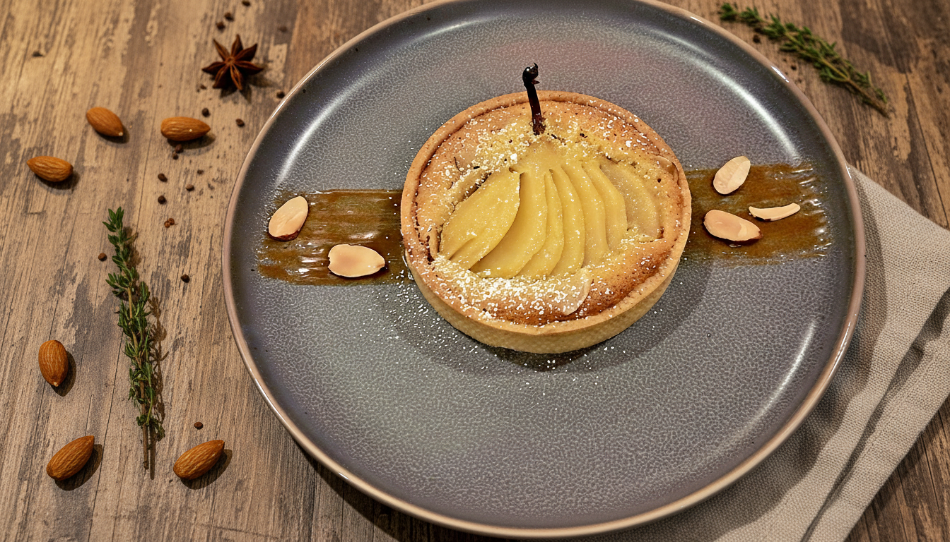 A pear tart with sliced pears, whipped cream, and a cherry on top on a gray plate, garnished with almond slices, star anise, and thyme sprigs on a wooden table.
