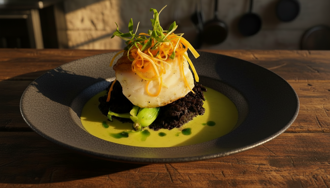 A black plate with a poached egg on a bed of shredded black beans, garnished with microgreens, served on a light green sauce with green oil droplets.
