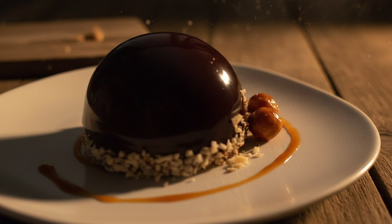 Chocolate dome dessert on a white plate with caramel and hazelnuts, served on a rustic wooden table.