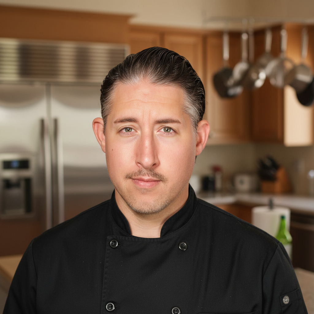 A male chef with slicked-back hair and a light beard, wearing a black chef's coat, standing in a kitchen with wooden cabinets and hanging pots and pans in the background.