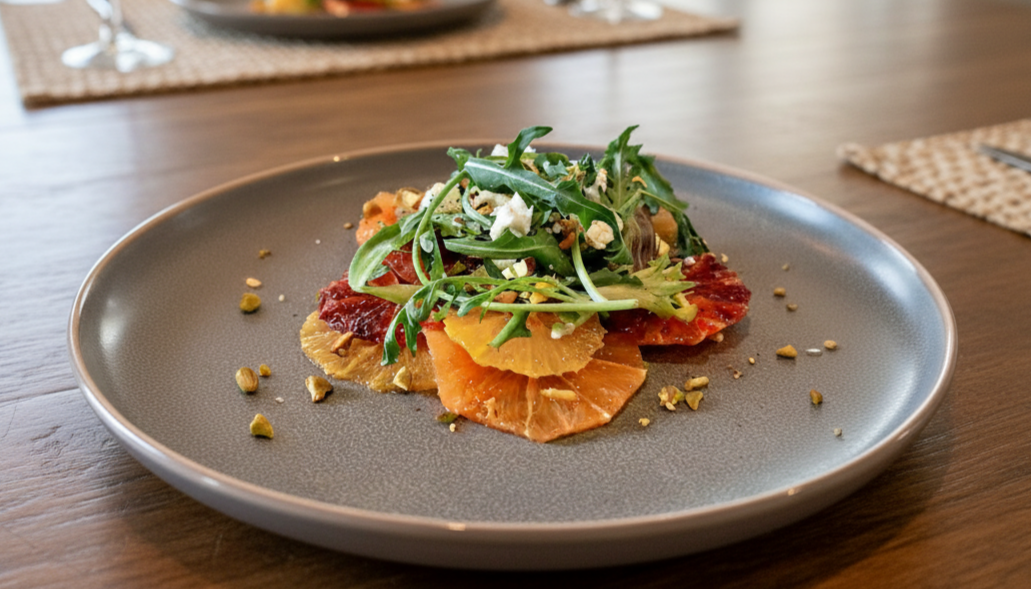 Salad with mixed greens, sliced citrus fruits, cherry tomatoes, and chopped nuts on a gray plate.