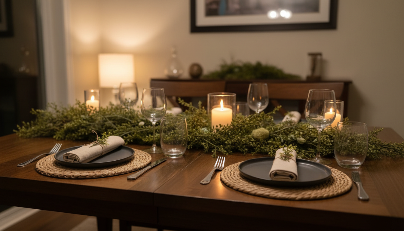 A dinner table set for two with candles, glasses, plates, napkins, and a greenery centerpiece in a cozy, warmly lit room.