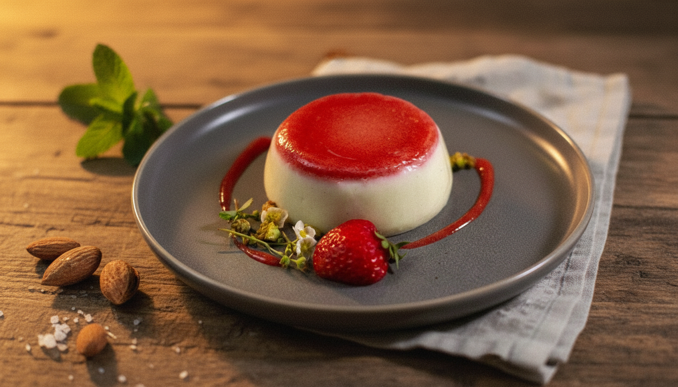 Dessert panna cotta topped with strawberry sauce, garnished with a fresh strawberry, edible flowers, and mint leaves on a gray plate, placed on a wooden table with almonds and a sprig of mint nearby.