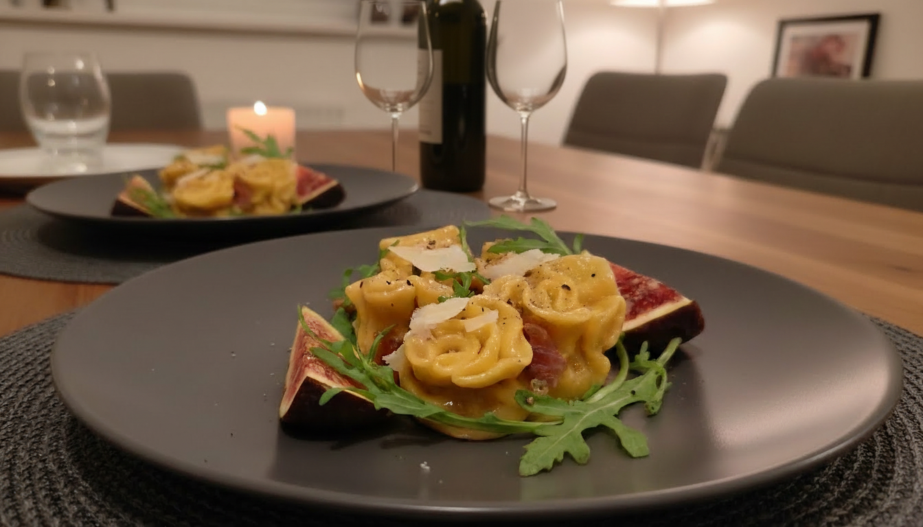 Close-up of a plated dish with tortellini pasta, slices of cured meat, arugula leaves, and shaved cheese on a black plate.