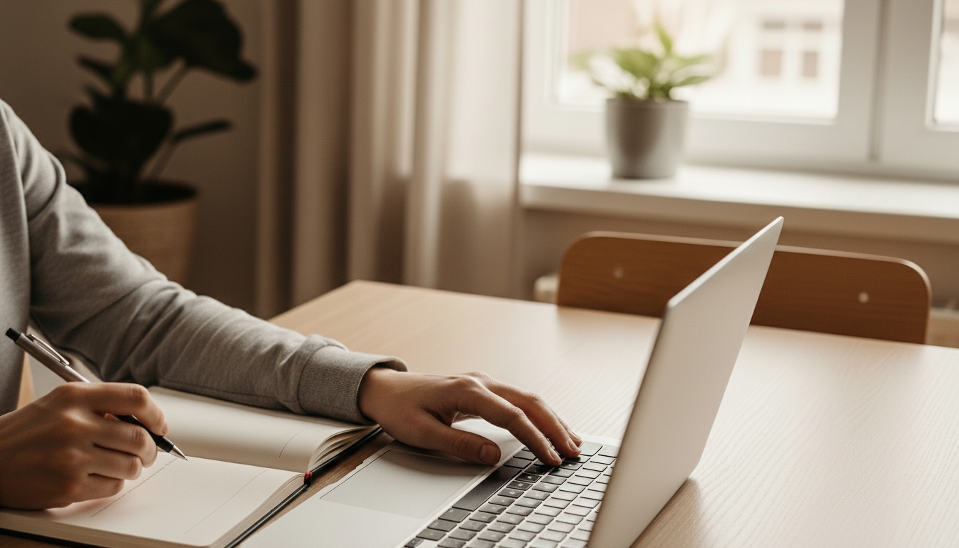 Person working on a laptop and taking notes in a notebook at a wooden table in a room with large windows and a potted plant.