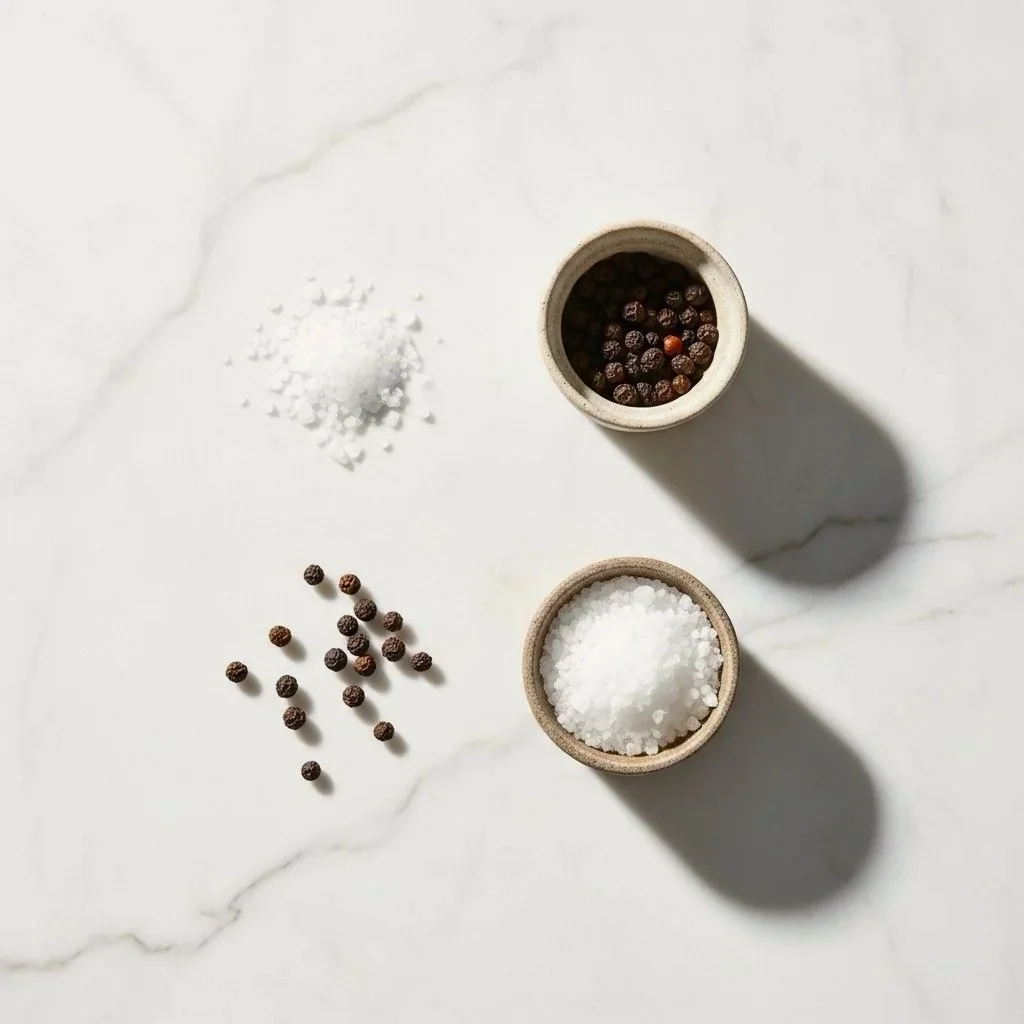 Salt and pepper in small bowls on a white surface