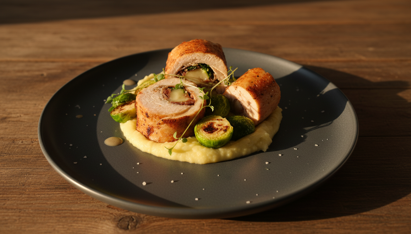 Plate with stuffed chicken cordon bleu, mashed potatoes, Brussels sprouts, and garnish on a black plate