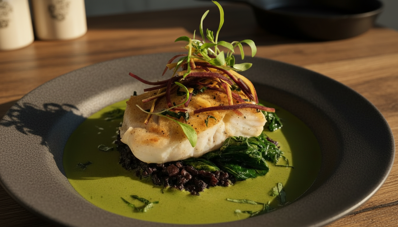 A plated dish featuring a piece of white fish on a bed of leafy greens, served with a green sauce, garnished with microgreens and thinly sliced vegetables.